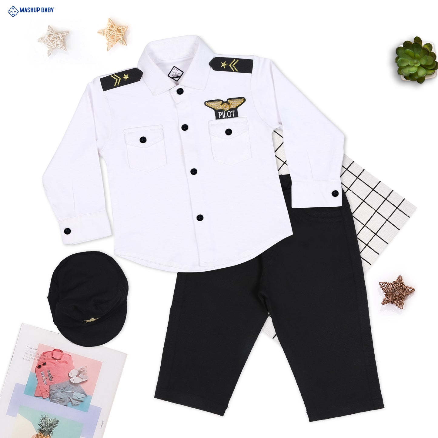 "Sky-High Style: Pilot Shirt, Pants, and Cap Set!"