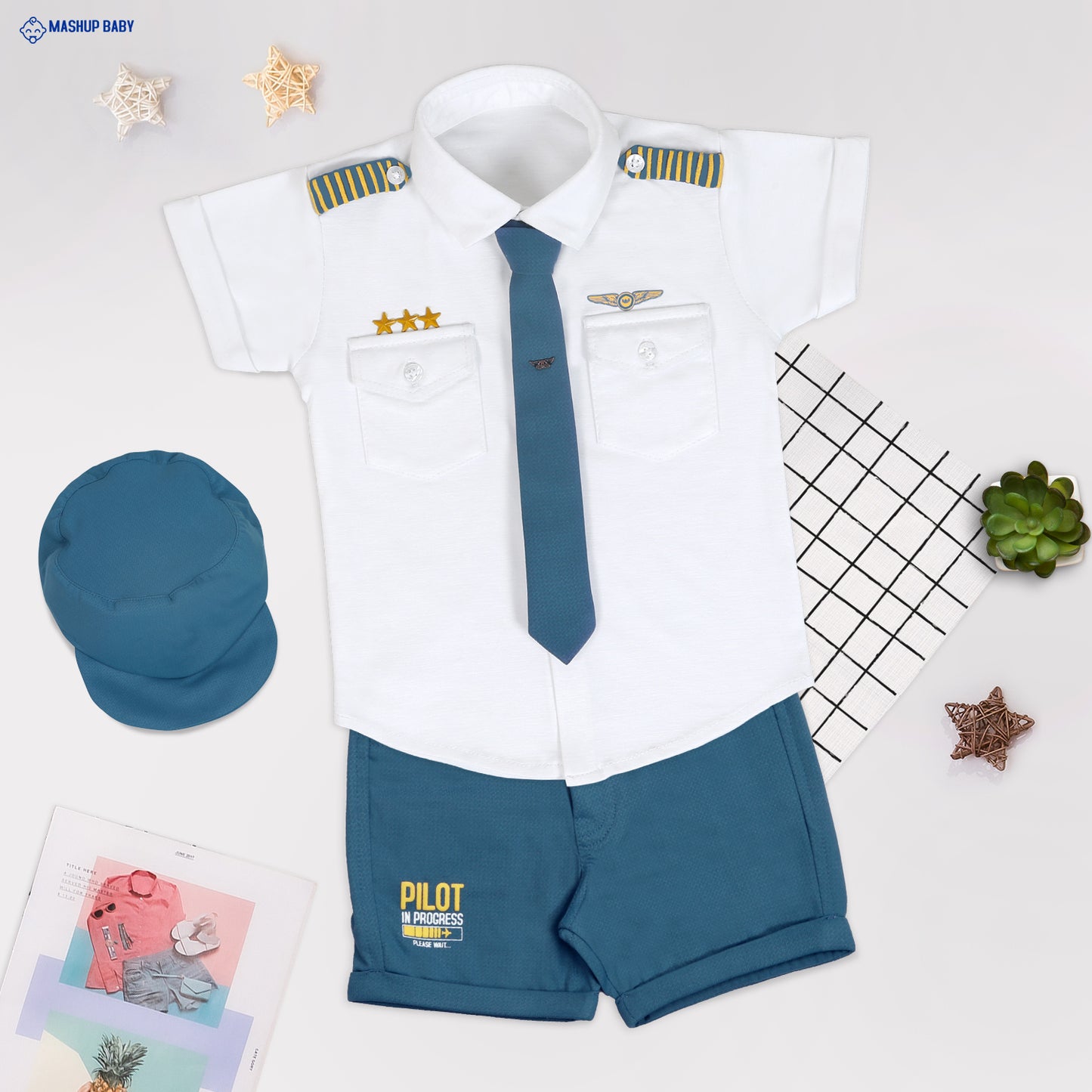 "Little Aviator: Pilot Shirt, Shorts, Tie, and Cap Set!"