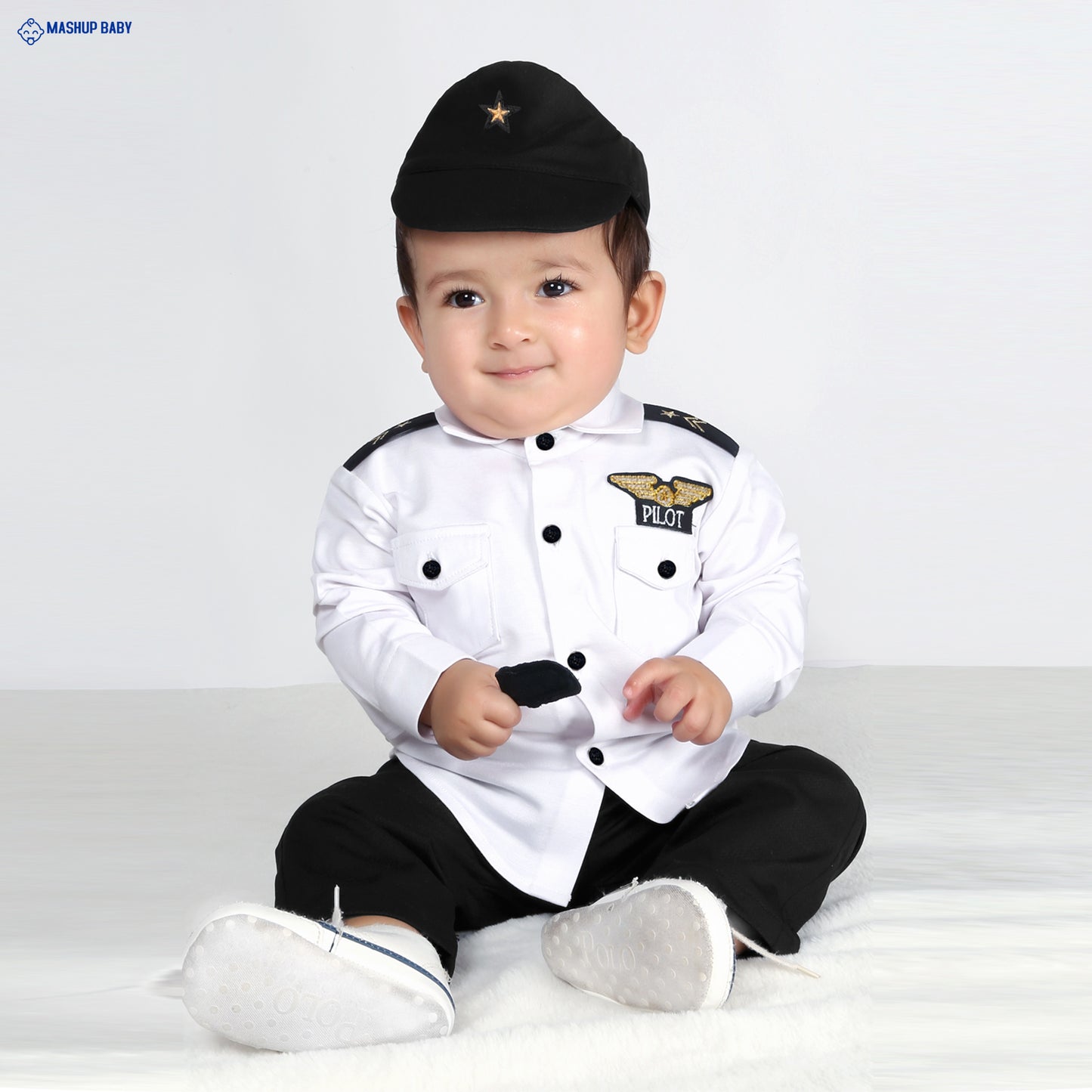 "Sky-High Style: Pilot Shirt, Pants, and Cap Set!"