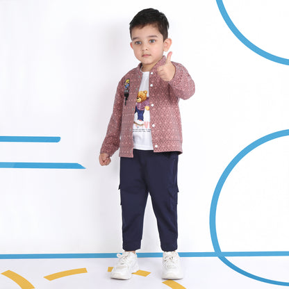 "Cool Combo: Printed Jacket, T-Shirt, and Jogger Set for Kids!"