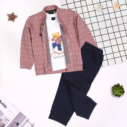 "Cool Combo: Printed Jacket, T-Shirt, and Jogger Set for Kids!"